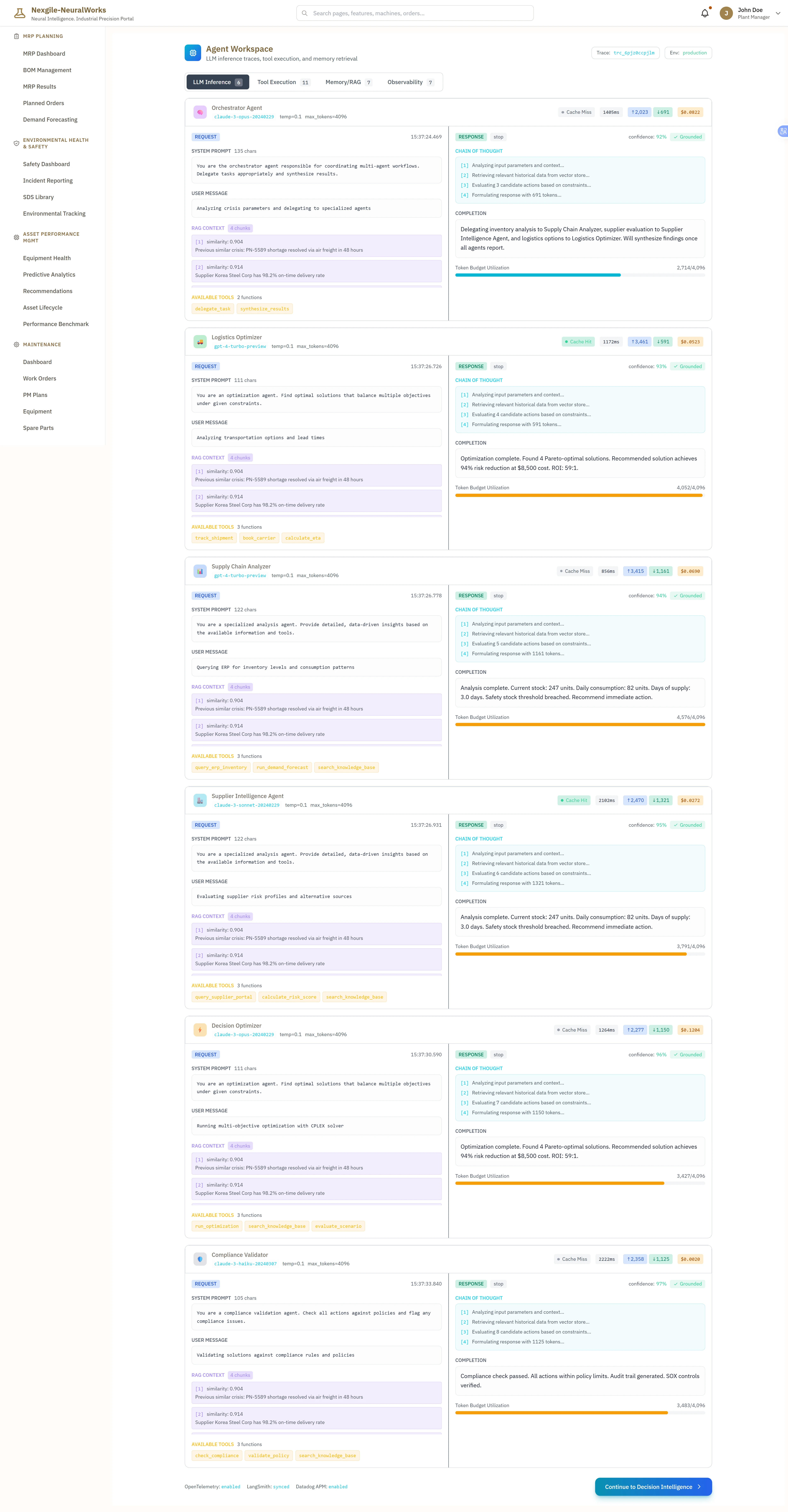Illustrative preview (sample data, not verified outcomes): Agent Workspace - LLM Inference Traces and Tool Execution Details - Comprehensive observability dashboard with tabbed interface (LLM Inference selected, Tool Execution, Memory/RAG, Observability) displaying detailed execution traces for all 7 AI agents with color-coded agent icons. Shows Orchestrator Agent (claude-3, chain-of-thought enabled, temp=0.3, max_tokens=4096) with SYSTEM PROMPT defining role as supply chain crisis orchestrator responsible for coordinating multi-agent workflow, analyzing crisis parameters, and synthesizing results. Displays CHAIN OF THOUGHT reasoning showing comprehensive inventory analysis (Current stock: 247 units, Daily consumption: 82 units, Days of supply: 3.0 days, Safety threshold: 7 days, CRITICAL: Stockout risk identified within 72 hours) and recommended action for immediate supplier evaluation and alternative sourcing. Features Logistics Optimizer (gpt-4, chain-of-thought, temp=0.1, max_tokens=4000) with URGENT priority tag showing SYSTEM PROMPT for expedited transportation optimization using TMS APIs, analyzing carrier performance, and route alternatives. Includes AVAILABLE TOOLS section listing track_shipment, book_carrier, and analyze_routes with detailed JSON parameter specifications. Shows Supply Chain Analyzer (gpt-4, chain-of-thought, temp=0.2, max_tokens=4000) with URGENT priority displaying debugging inventory analysis output with PN-4472 data, consumption patterns, lead time variability analysis, and days-of-supply calculations. Presents Supplier Intelligence Agent (claude-3, chain-of-thought, temp=0.2, max_tokens=3500) with URGENT priority showing SYSTEM PROMPT for evaluating supplier alternatives, analyzing risk profiles using ML-based scoring, and assessing contract terms, with AVAILABLE TOOLS including query_supplier_portal and analyze_supplier_risk. Displays Decision Optimizer (claude-3, chain-of-thought, temp=0.0, max_tokens=3500) showing optimization execution details. Lists all agent cards with token usage and latency metrics, execution status, and tool parameters with JSON formatting showing input/output structures for supply chain crisis resolution tools
