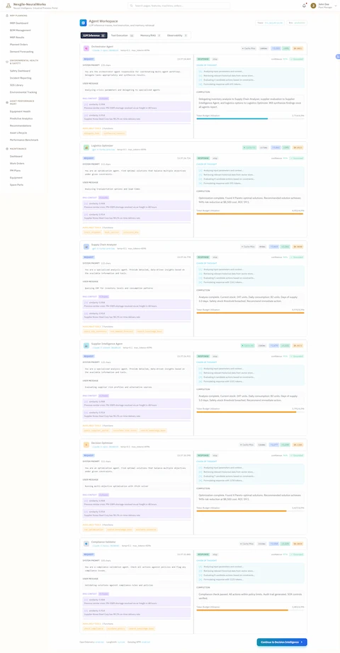Illustrative preview (sample data, not verified outcomes): Agent Workspace - LLM Inference Traces and Tool Execution Details - Comprehensive observability dashboard with tabbed interface (LLM Inference selected, Tool Execution, Memory/RAG, Observability) displaying detailed execution traces for all 7 AI agents with color-coded agent icons. Shows Orchestrator Agent (claude-3, chain-of-thought enabled, temp=0.3, max_tokens=4096) with SYSTEM PROMPT defining role as supply chain crisis orchestrator responsible for coordinating multi-agent workflow, analyzing crisis parameters, and synthesizing results. Displays CHAIN OF THOUGHT reasoning showing comprehensive inventory analysis (Current stock: 247 units, Daily consumption: 82 units, Days of supply: 3.0 days, Safety threshold: 7 days, CRITICAL: Stockout risk identified within 72 hours) and recommended action for immediate supplier evaluation and alternative sourcing. Features Logistics Optimizer (gpt-4, chain-of-thought, temp=0.1, max_tokens=4000) with URGENT priority tag showing SYSTEM PROMPT for expedited transportation optimization using TMS APIs, analyzing carrier performance, and route alternatives. Includes AVAILABLE TOOLS section listing track_shipment, book_carrier, and analyze_routes with detailed JSON parameter specifications. Shows Supply Chain Analyzer (gpt-4, chain-of-thought, temp=0.2, max_tokens=4000) with URGENT priority displaying debugging inventory analysis output with PN-4472 data, consumption patterns, lead time variability analysis, and days-of-supply calculations. Presents Supplier Intelligence Agent (claude-3, chain-of-thought, temp=0.2, max_tokens=3500) with URGENT priority showing SYSTEM PROMPT for evaluating supplier alternatives, analyzing risk profiles using ML-based scoring, and assessing contract terms, with AVAILABLE TOOLS including query_supplier_portal and analyze_supplier_risk. Displays Decision Optimizer (claude-3, chain-of-thought, temp=0.0, max_tokens=3500) showing optimization execution details. Lists all agent cards with token usage and latency metrics, execution status, and tool parameters with JSON formatting showing input/output structures for supply chain crisis resolution tools