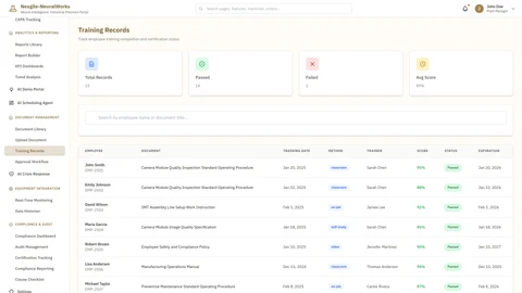 Illustrative preview (sample data, not verified outcomes): Training Records Management Interface