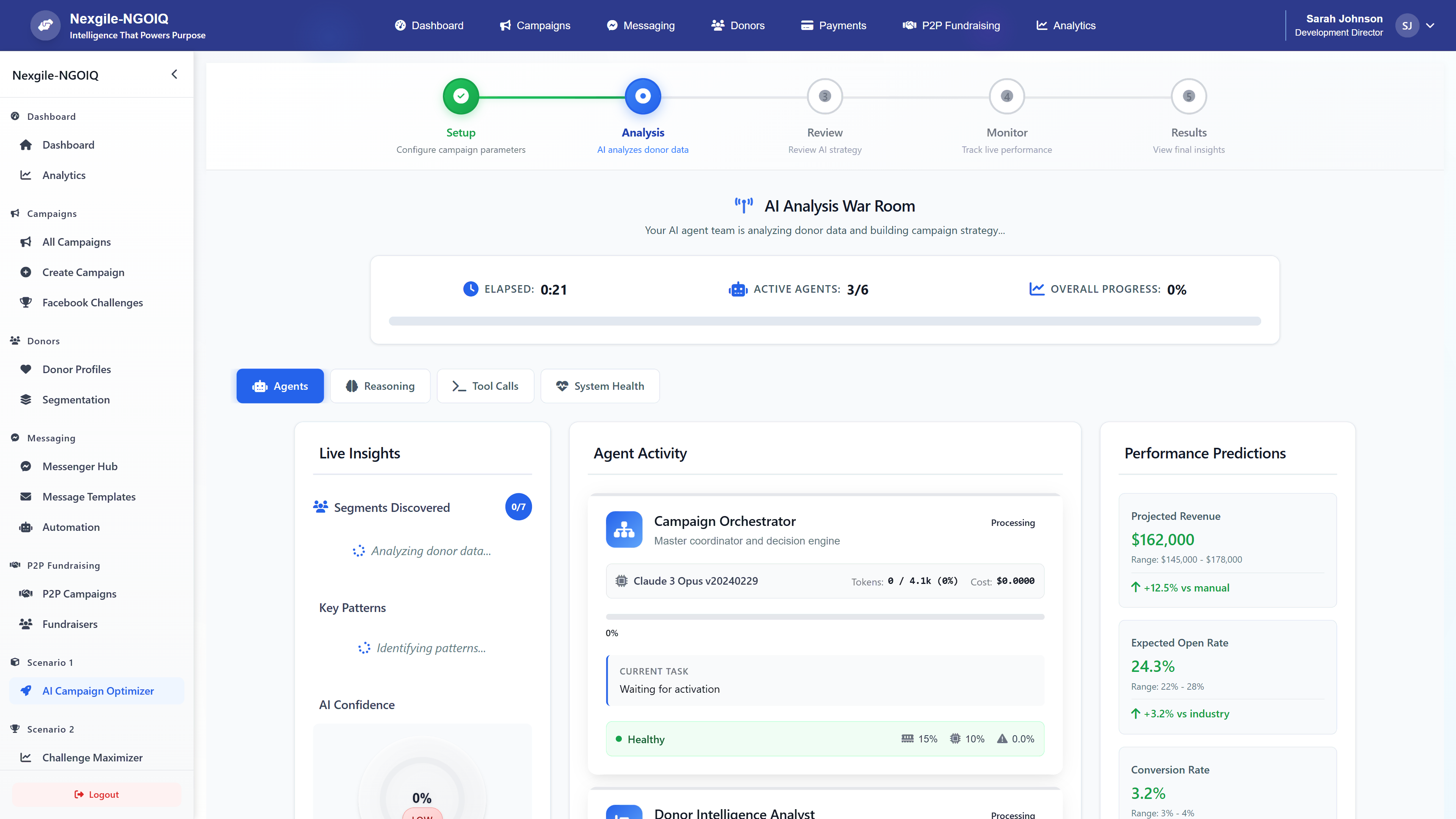 Illustrative preview (sample data, not verified outcomes): AI Analysis War Room - Real-time monitoring of AI agents analyzing donor data with live insights, agent activity tracking, and performance predictions