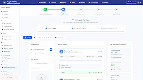 Illustrative preview (sample data, not verified outcomes): AI Analysis War Room - Real-time monitoring of AI agents analyzing donor data with live insights, agent activity tracking, and performance predictions