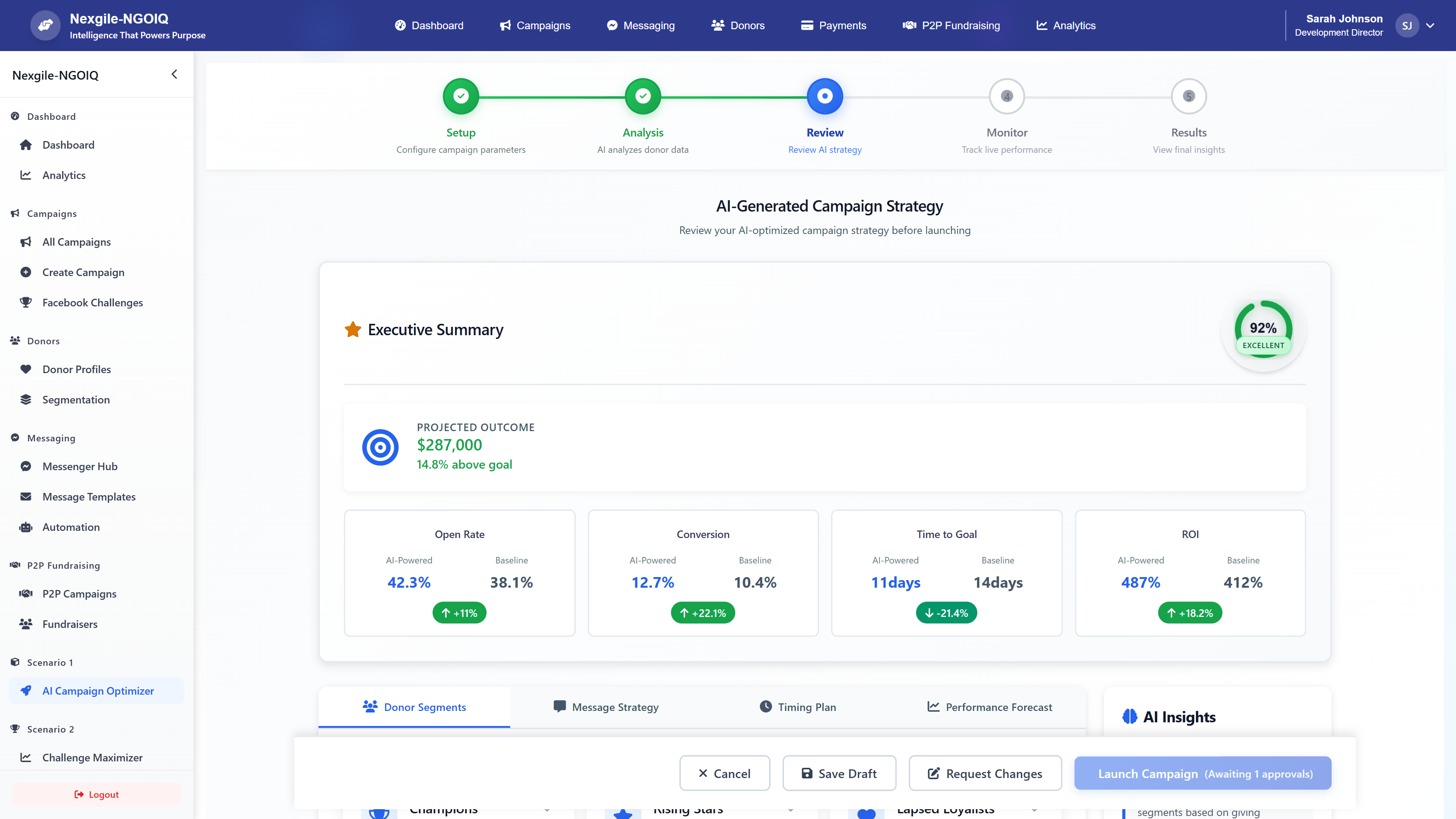Illustrative preview (sample data, not verified outcomes): AI-Generated Campaign Strategy - Review AI-optimized campaign strategy with projected outcomes, performance metrics, and detailed insights before launching