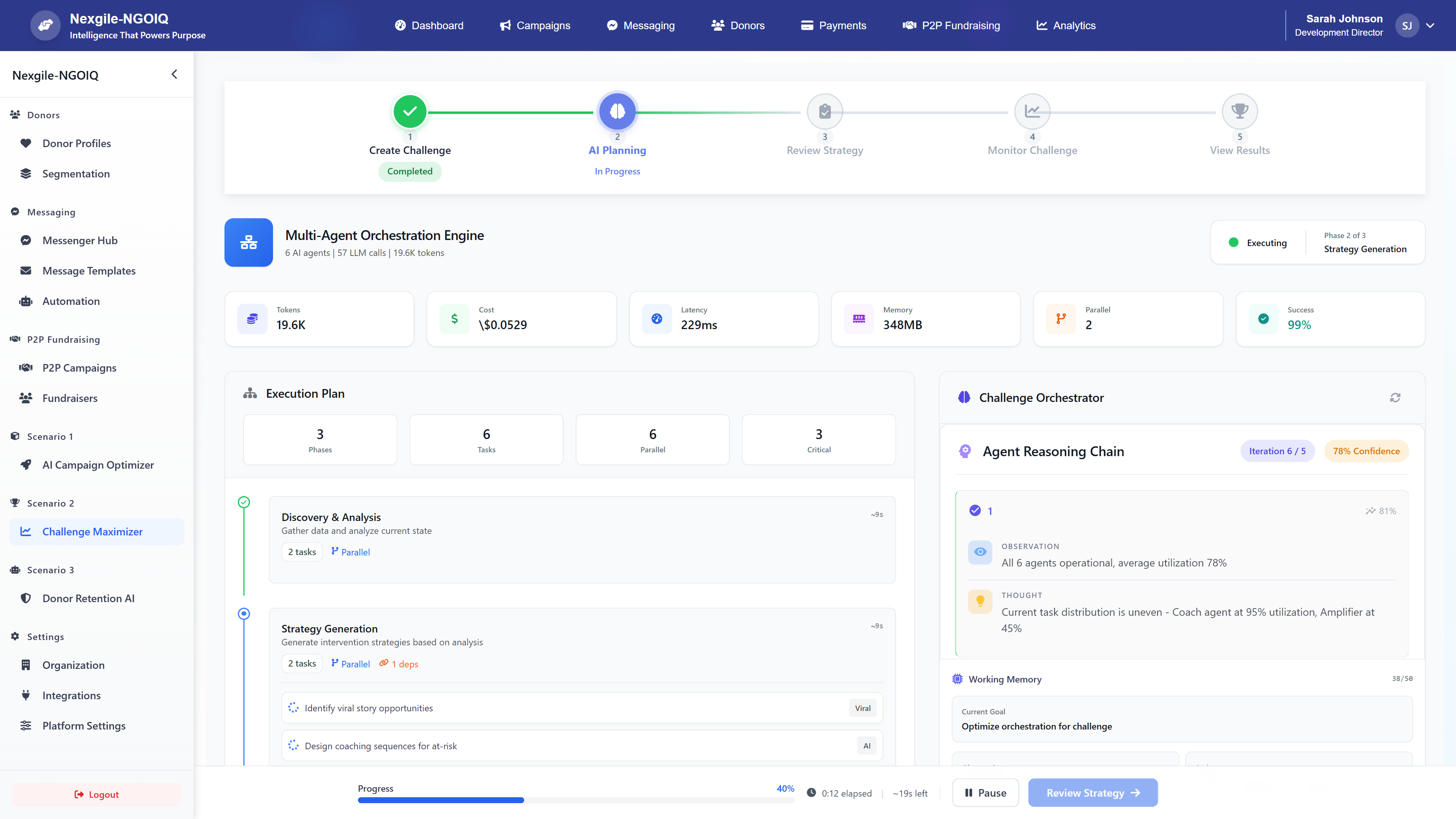Illustrative preview (sample data, not verified outcomes): Multi-Agent Orchestration Engine - AI Planning phase showing execution plan with phases, tasks, and challenge orchestrator with agent reasoning chain