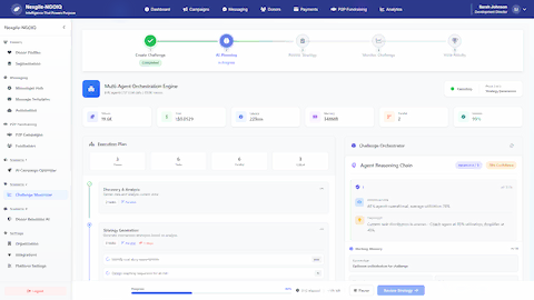 Illustrative preview (sample data, not verified outcomes): Multi-Agent Orchestration Engine - AI Planning phase showing execution plan with phases, tasks, and challenge orchestrator with agent reasoning chain
