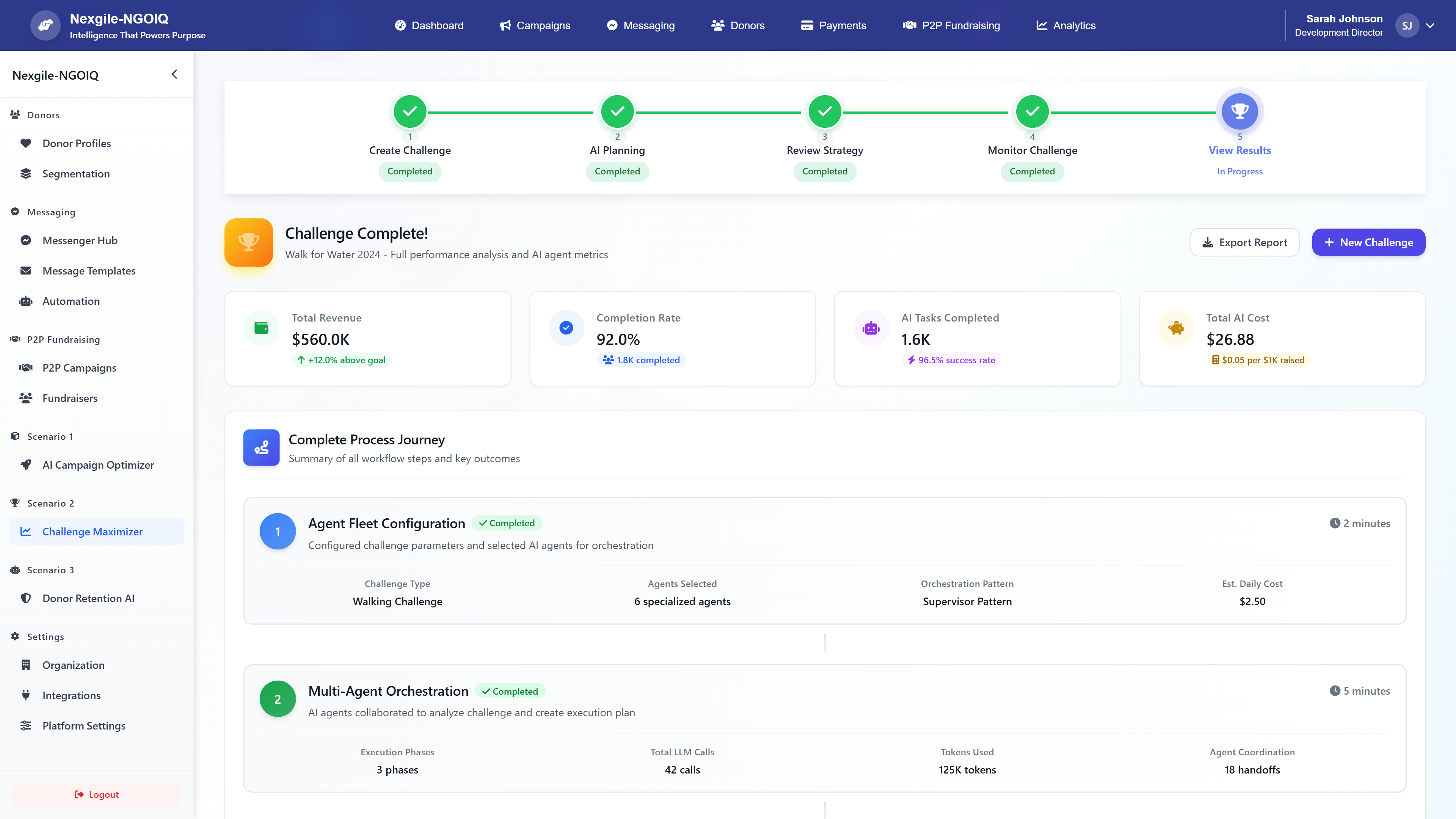 Illustrative preview (sample data, not verified outcomes): Challenge Complete - Full performance analysis showing final results, AI task completion metrics, and detailed process journey summary