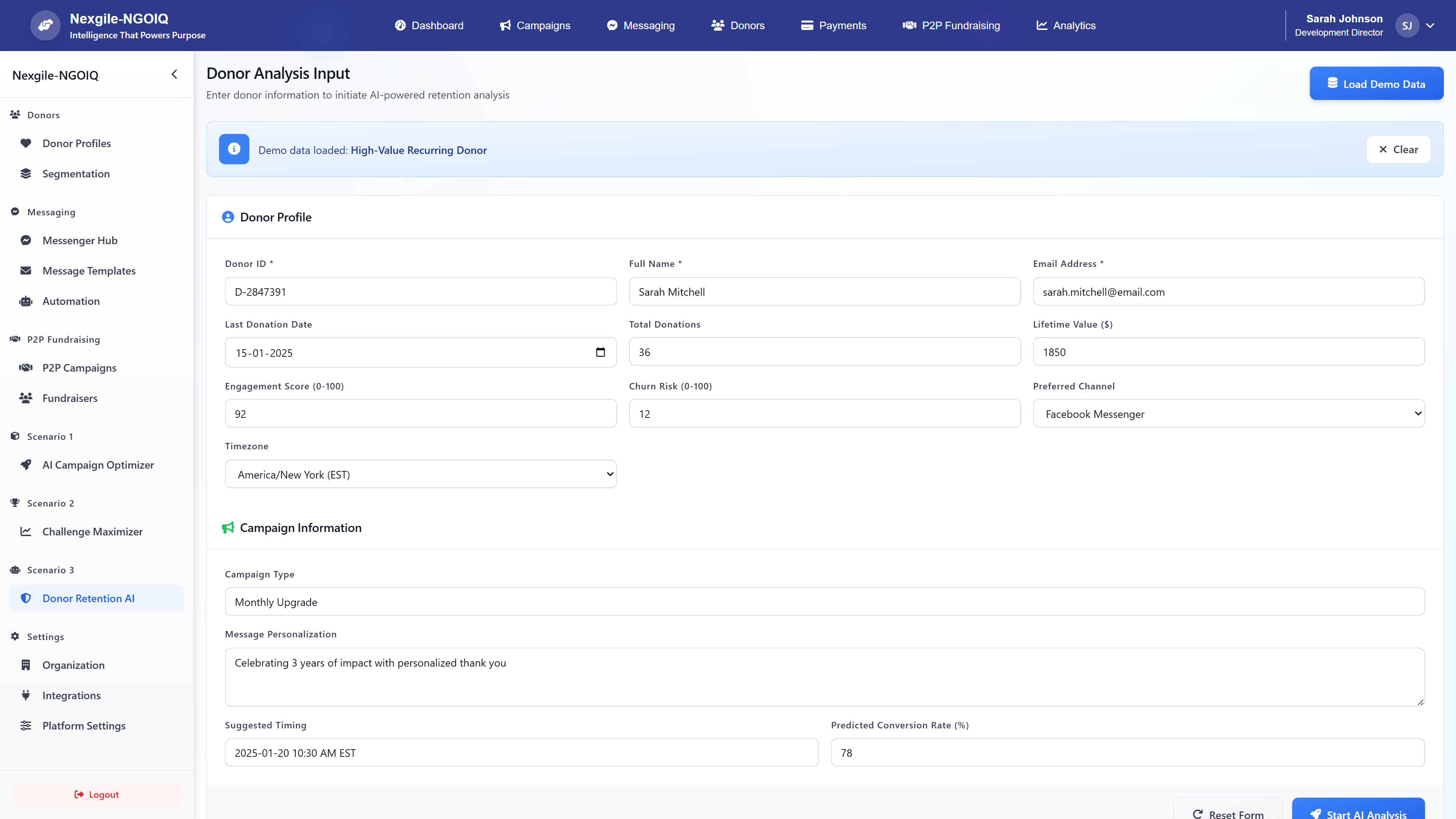 Illustrative preview (sample data, not verified outcomes): Donor Analysis Input - Enter donor information to initiate AI-powered retention analysis with comprehensive donor profile and campaign configuration