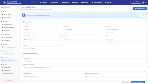 Illustrative preview (sample data, not verified outcomes): Donor Analysis Input - Enter donor information to initiate AI-powered retention analysis with comprehensive donor profile and campaign configuration