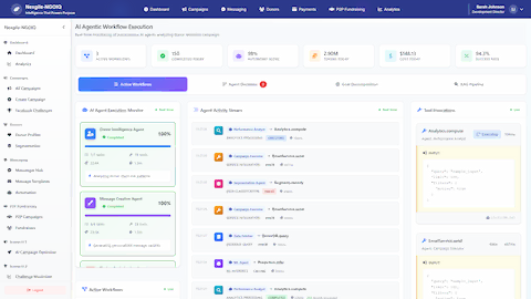 Illustrative preview (sample data, not verified outcomes): AI Agentic Workflow Execution - Real-time monitoring of autonomous AI agents with execution status, agent activity stream, and live tool invocations