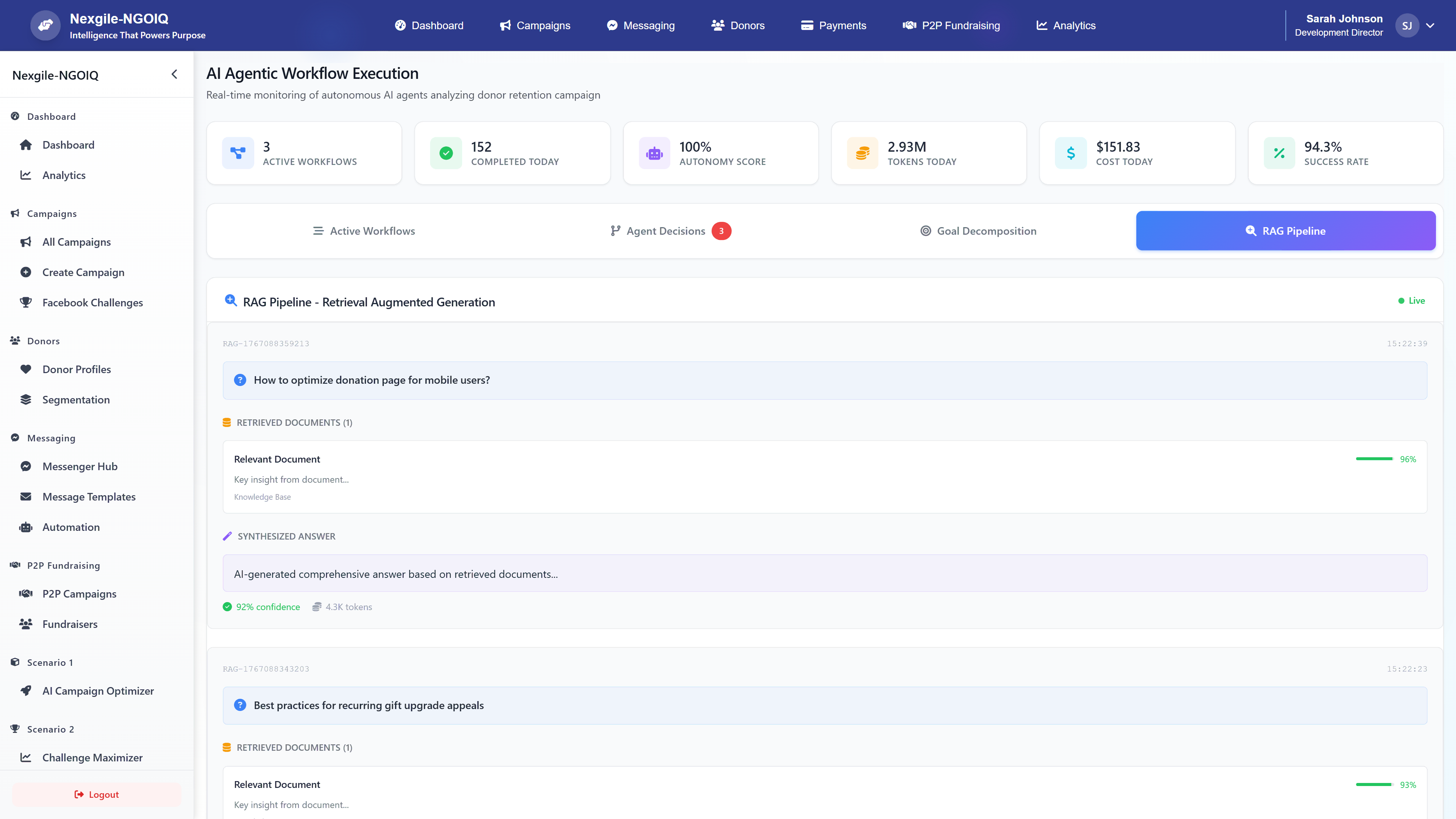 Illustrative preview (sample data, not verified outcomes): RAG Pipeline - Retrieval Augmented Generation system providing AI-generated answers with document retrieval, synthesis, and confidence scoring