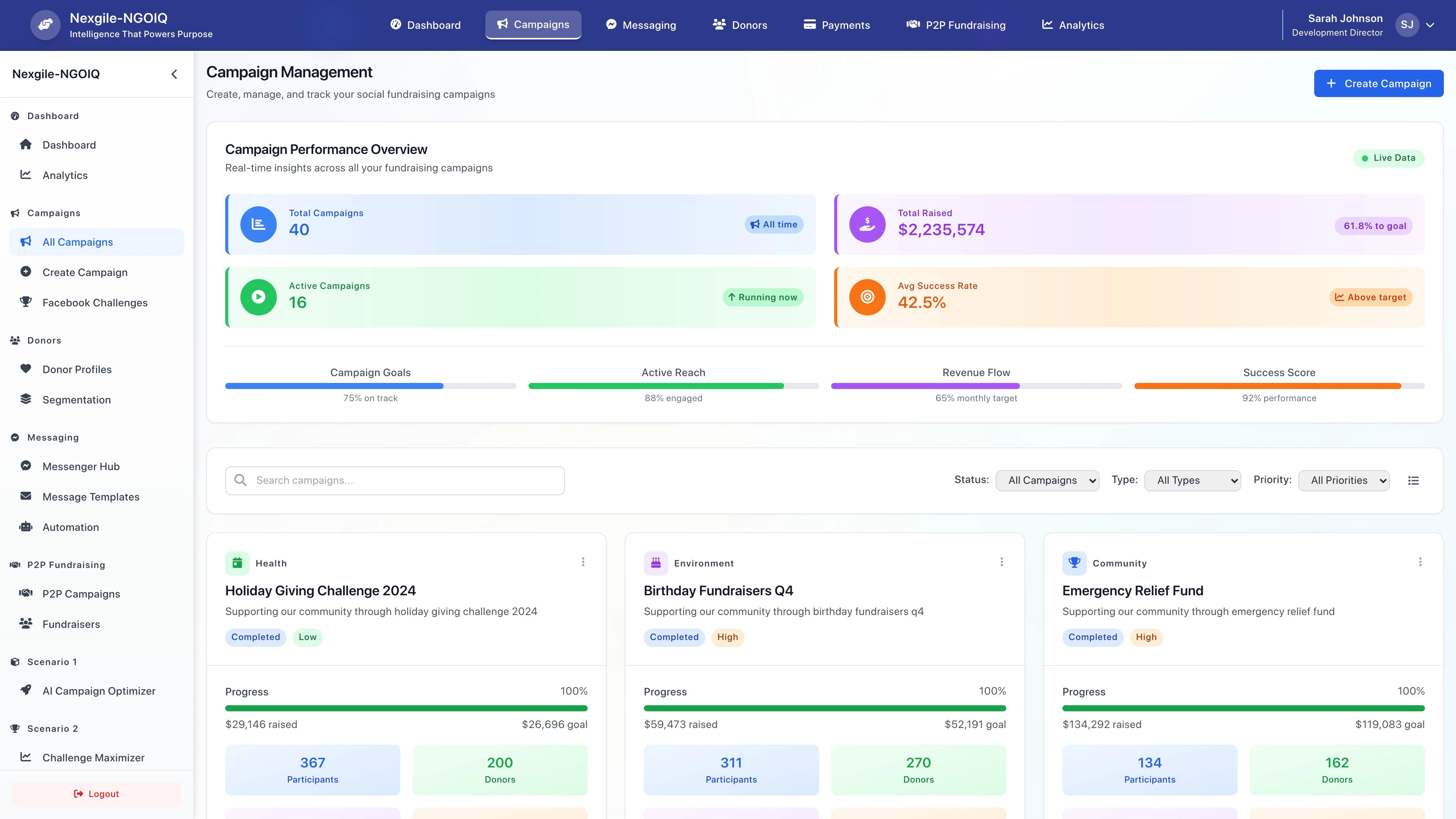 Illustrative preview (sample data, not verified outcomes): Campaigns Dashboard - Main portal interface showing campaign management and analytics