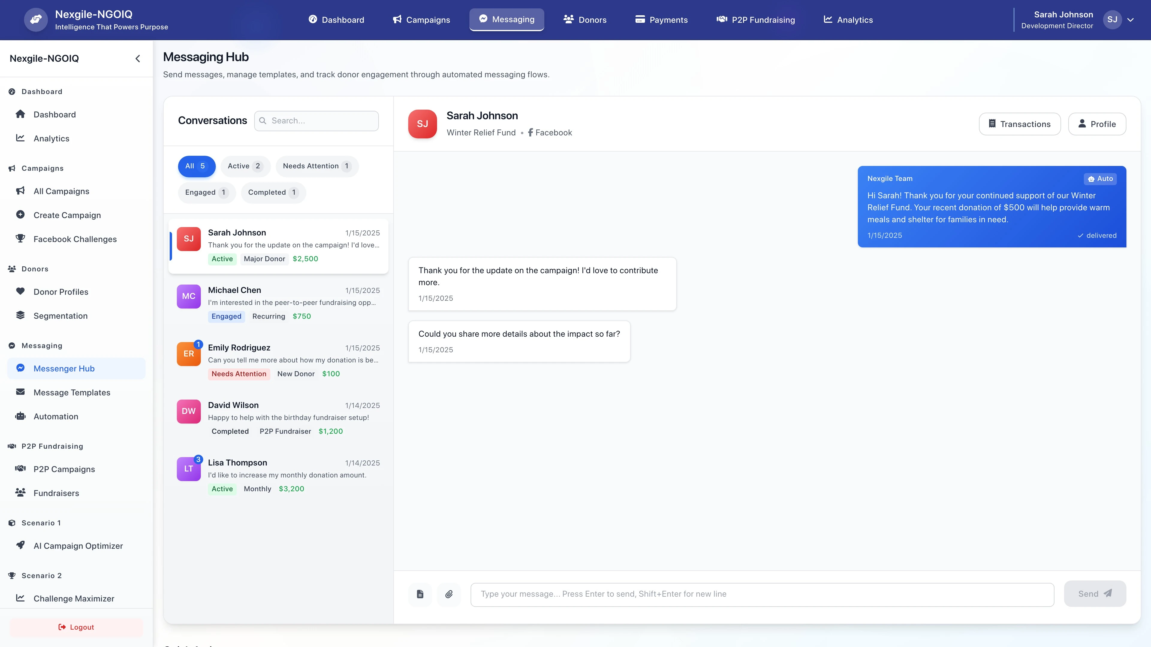 Illustrative preview (sample data, not verified outcomes): Messaging interface of the Nexgile-NGOIQ Hub platform