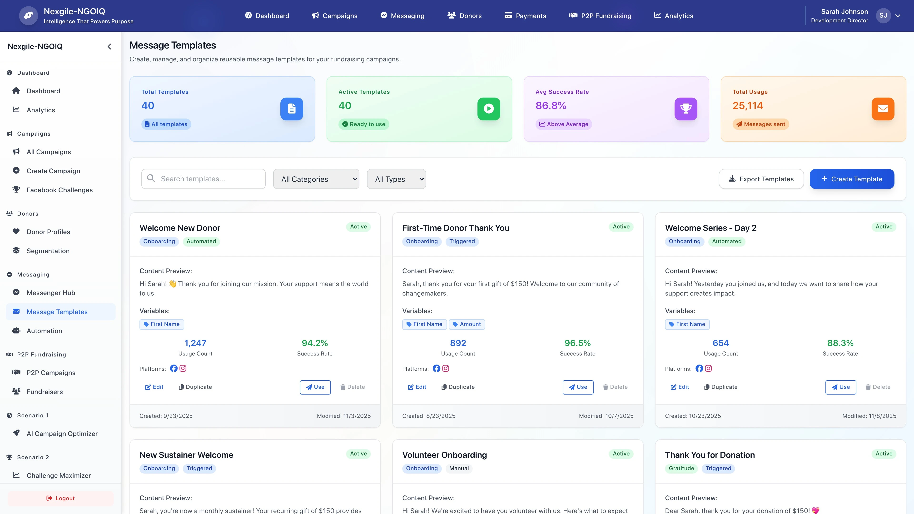 Illustrative preview (sample data, not verified outcomes): Messaging Templates - Template management interface for creating and organizing communication templates