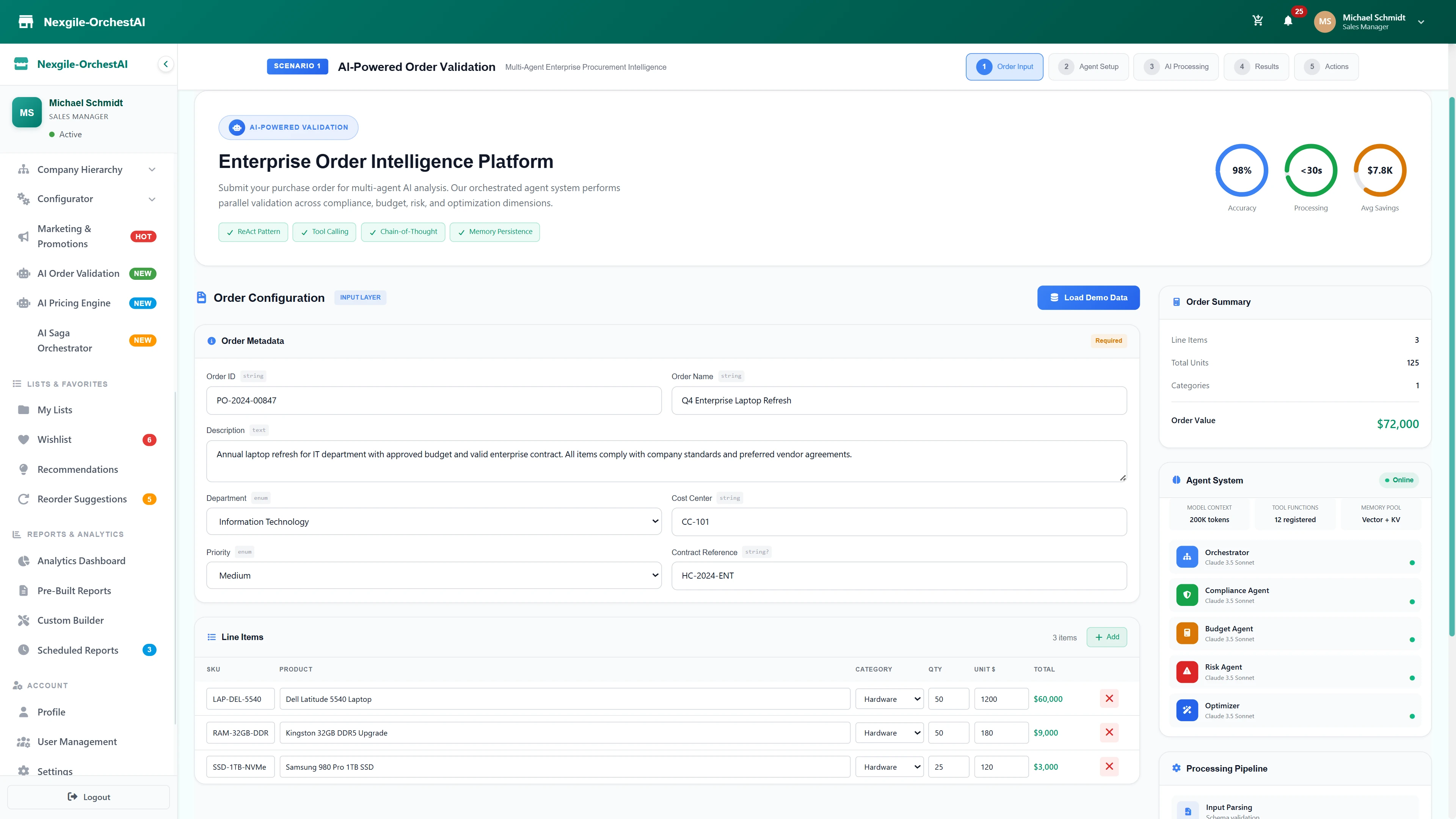 Illustrative preview (sample data, not verified outcomes): Order Input Configuration - Submit purchase orders with metadata, line items, and real-time agent system status showing multi-agent validation readiness