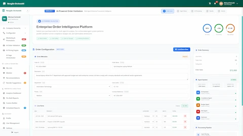 Illustrative preview (sample data, not verified outcomes): Order Input Configuration - Submit purchase orders with metadata, line items, and real-time agent system status showing multi-agent validation readiness