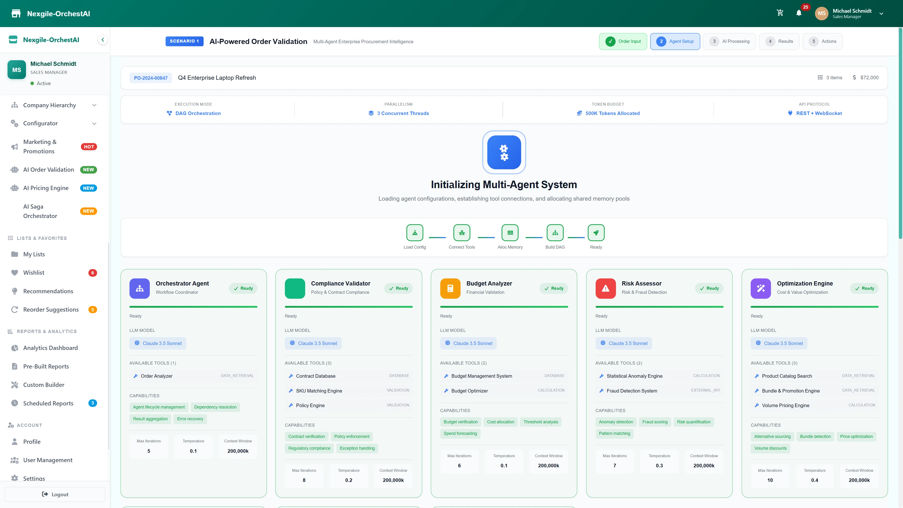Illustrative preview (sample data, not verified outcomes): Multi-Agent System Initialization - Five specialized AI agents loading with capabilities, tool connections, and shared memory allocation