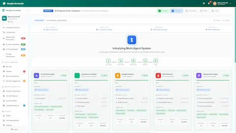 Illustrative preview (sample data, not verified outcomes): Multi-Agent System Initialization - Five specialized AI agents loading with capabilities, tool connections, and shared memory allocation