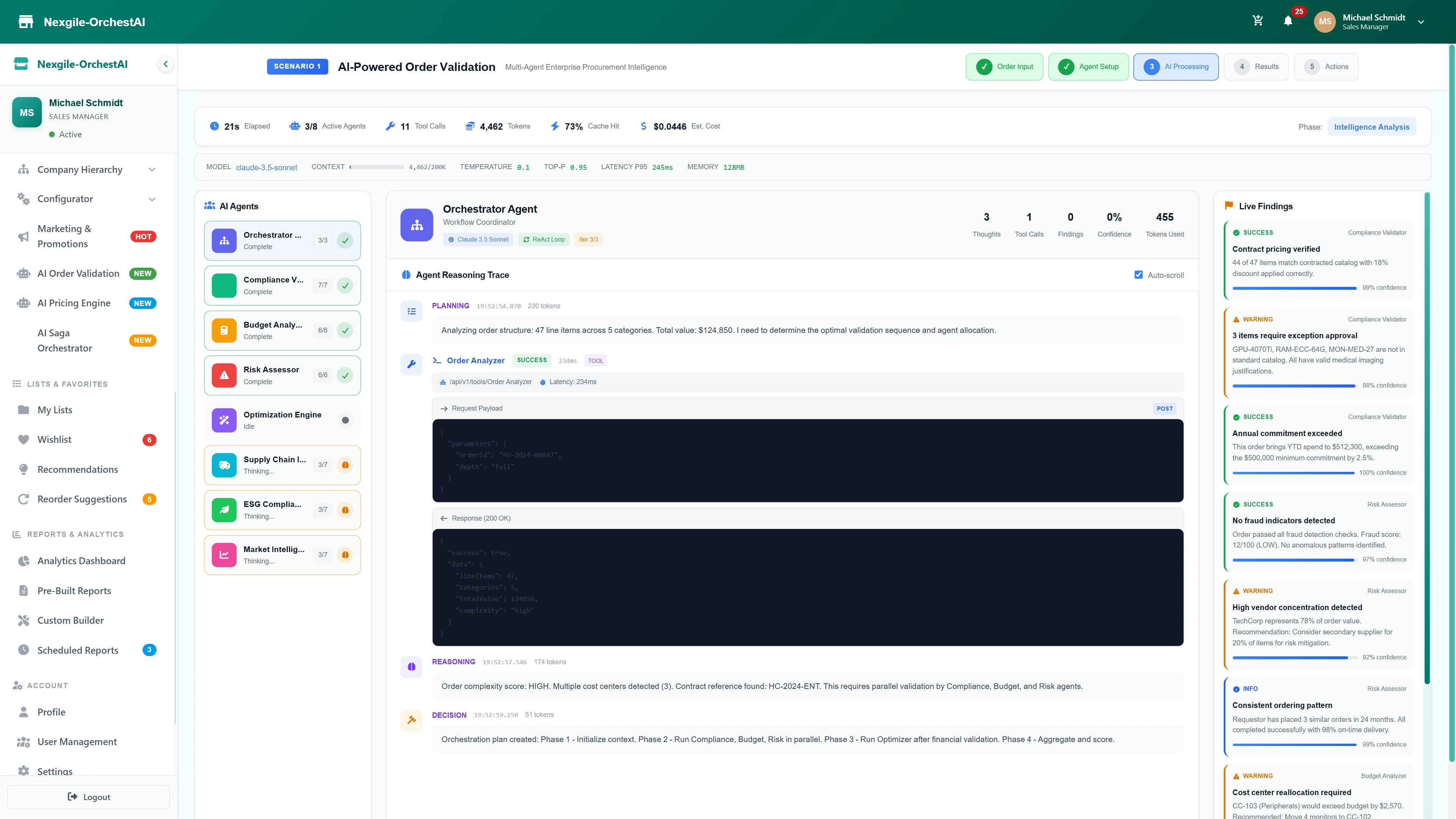 Illustrative preview (sample data, not verified outcomes): Real-Time AI Processing - Live agent reasoning traces with tool executions and streaming validation findings across compliance, budget, and risk dimensions