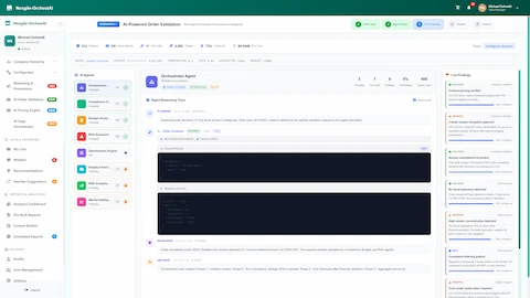 Illustrative preview (sample data, not verified outcomes): Real-Time AI Processing - Live agent reasoning traces with tool executions and streaming validation findings across compliance, budget, and risk dimensions