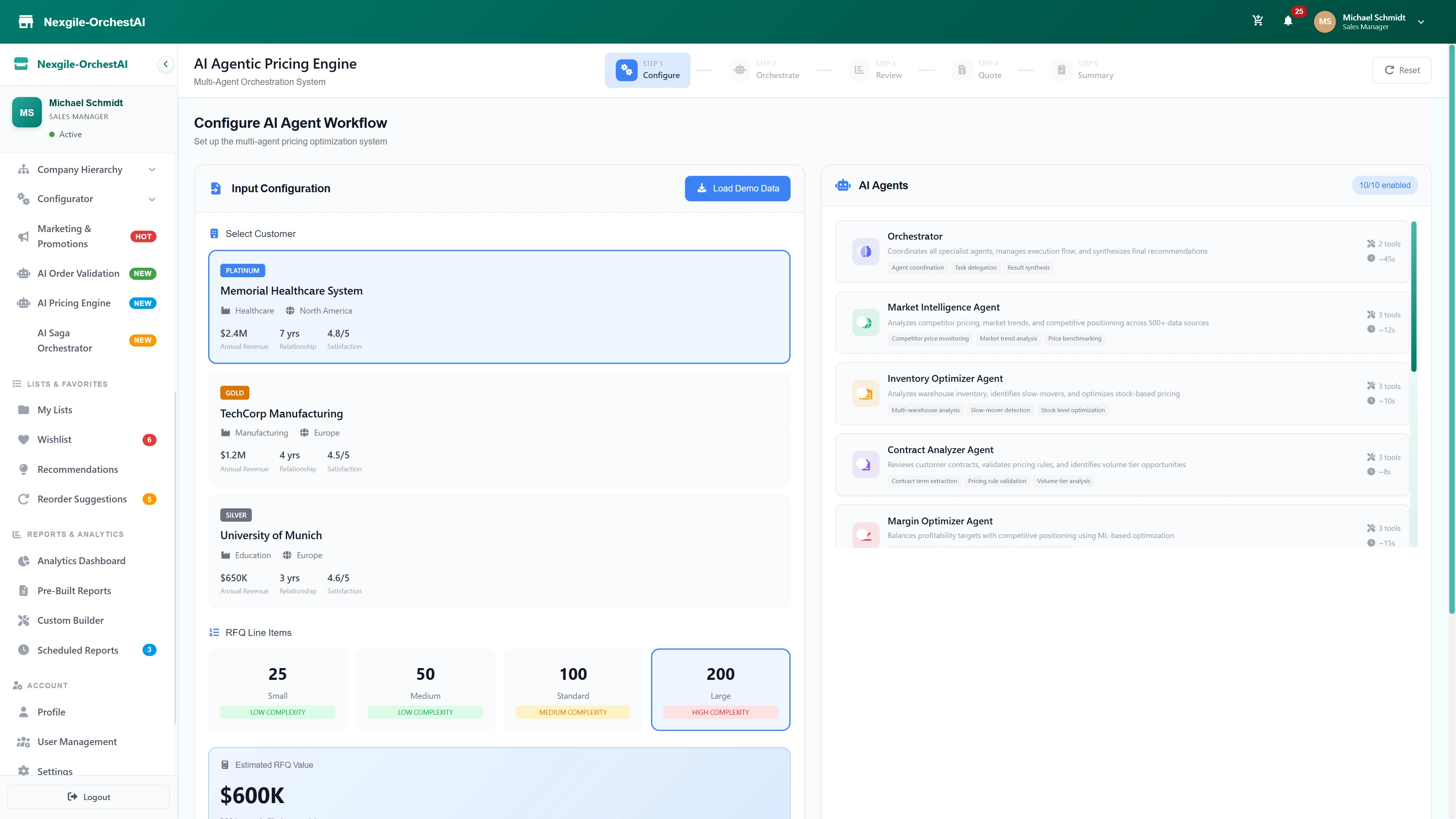Illustrative preview (sample data, not verified outcomes): RFQ Configuration Workflow - Select customers, configure RFQ complexity (25-200 line items), and view the 10 specialized pricing agents ready for orchestration