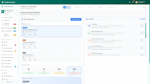 Illustrative preview (sample data, not verified outcomes): RFQ Configuration Workflow - Select customers, configure RFQ complexity (25-200 line items), and view the 10 specialized pricing agents ready for orchestration