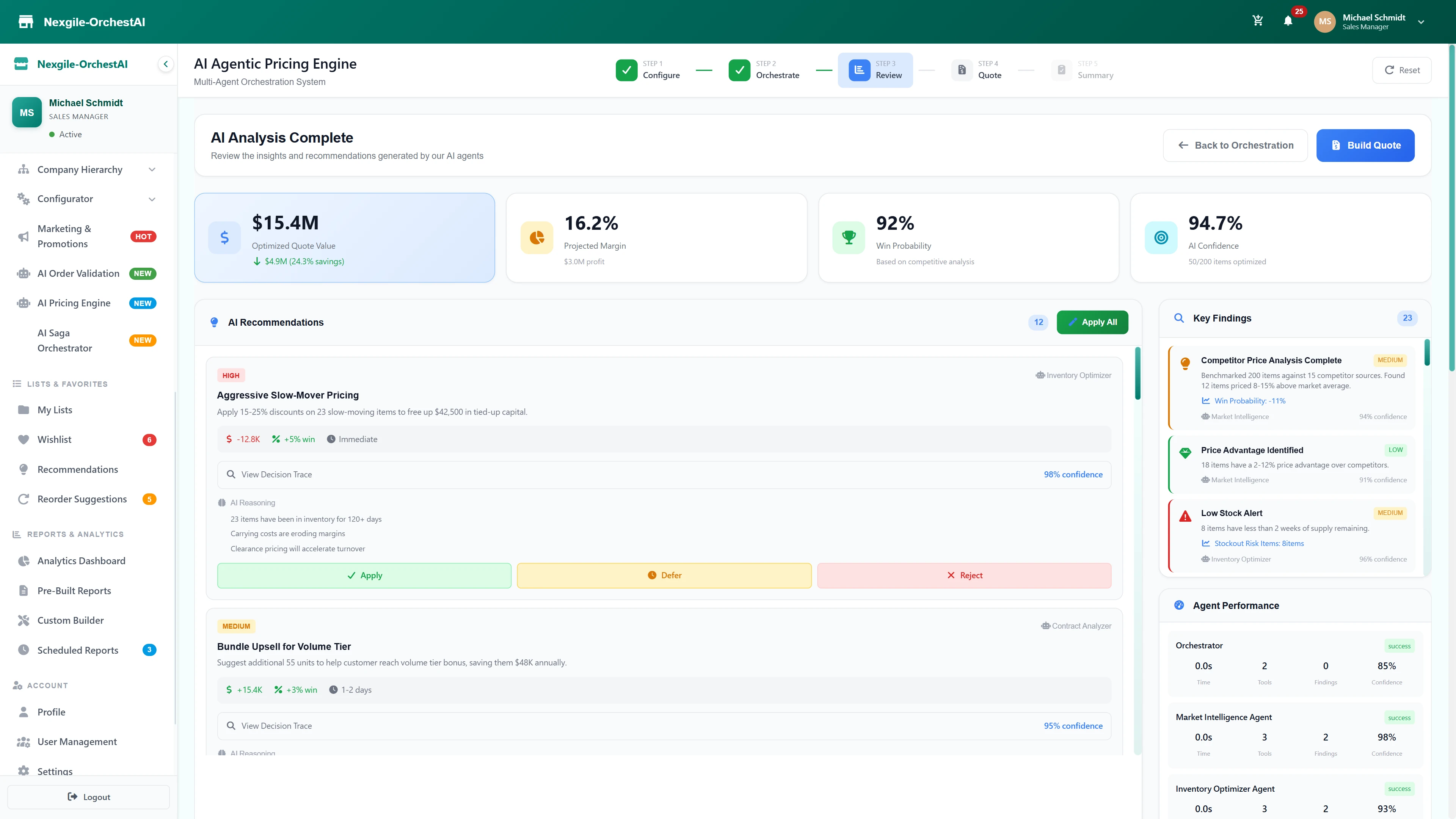 Illustrative preview (sample data, not verified outcomes): AI-Optimized Quote Analysis - Optimized quote value with margin projection, win probability, AI confidence score, and actionable recommendations with key findings