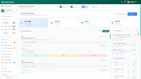 Illustrative preview (sample data, not verified outcomes): AI-Optimized Quote Analysis - Optimized quote value with margin projection, win probability, AI confidence score, and actionable recommendations with key findings