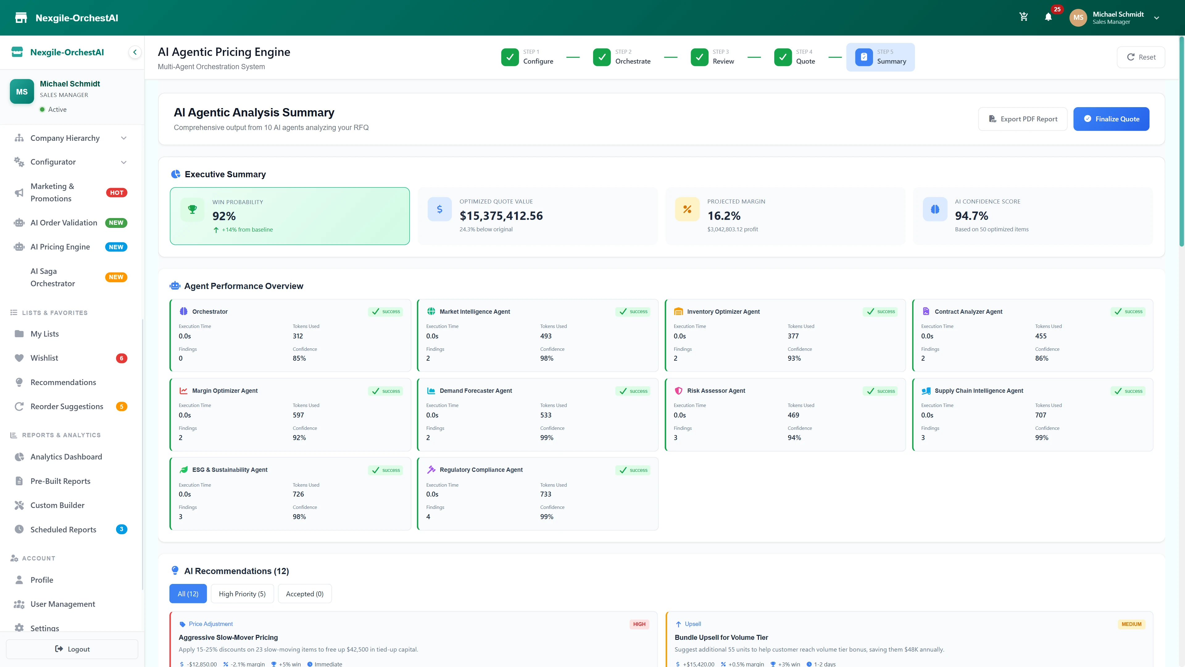Illustrative preview (sample data, not verified outcomes): Comprehensive Analysis Summary - Executive metrics, detailed agent performance overview for all 10 agents, and prioritized AI recommendations for quote optimization