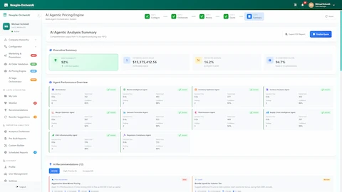 Illustrative preview (sample data, not verified outcomes): Comprehensive Analysis Summary - Executive metrics, detailed agent performance overview for all 10 agents, and prioritized AI recommendations for quote optimization