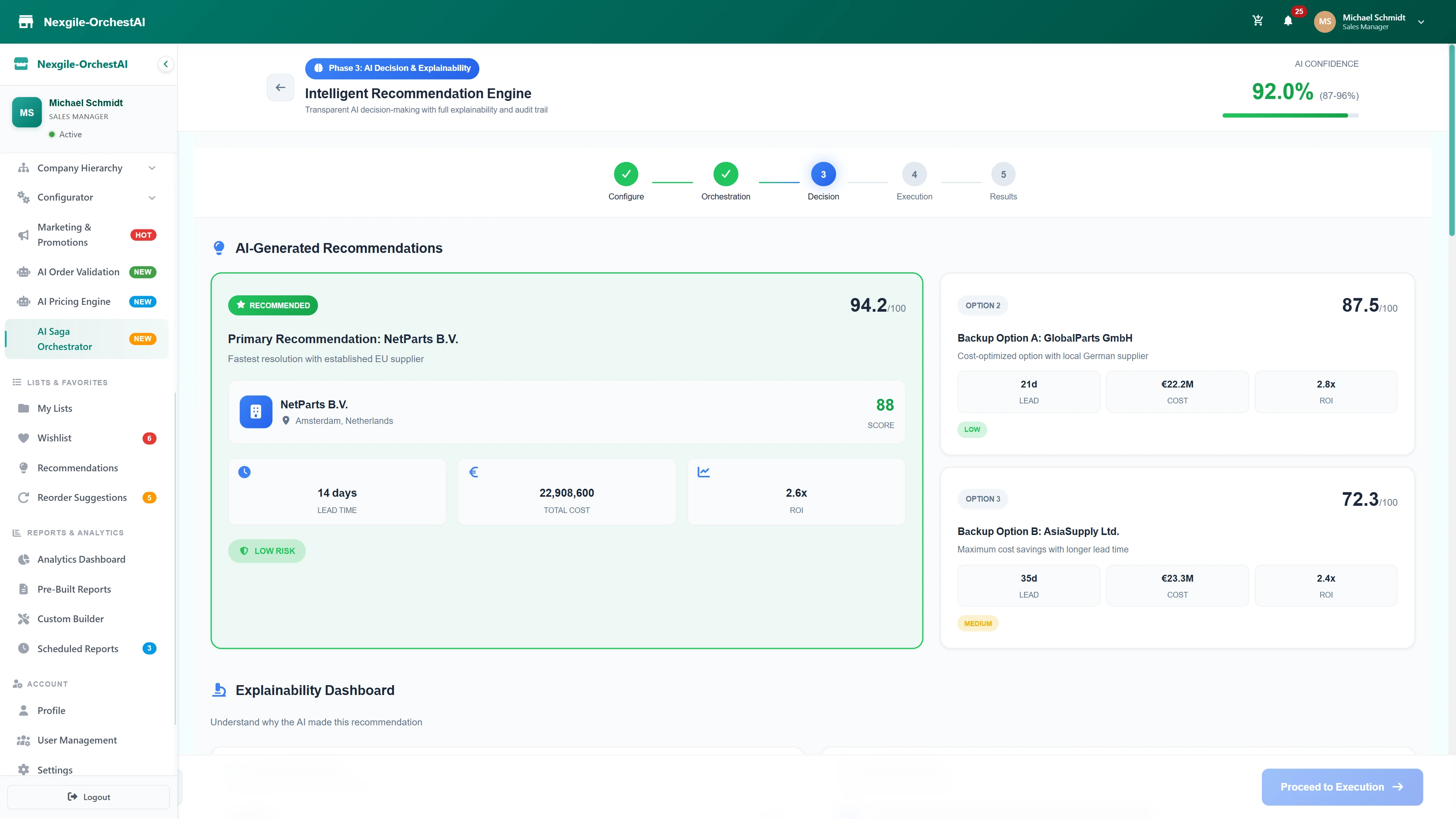 Illustrative preview (sample data, not verified outcomes): Intelligent Recommendation Engine - AI-generated supplier recommendations with 92% confidence, featuring primary and backup options with lead time, cost, and ROI analysis