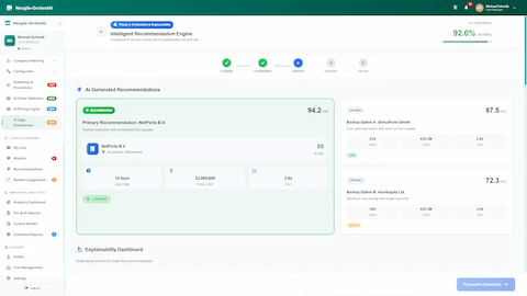 Illustrative preview (sample data, not verified outcomes): Intelligent Recommendation Engine - AI-generated supplier recommendations with 92% confidence, featuring primary and backup options with lead time, cost, and ROI analysis