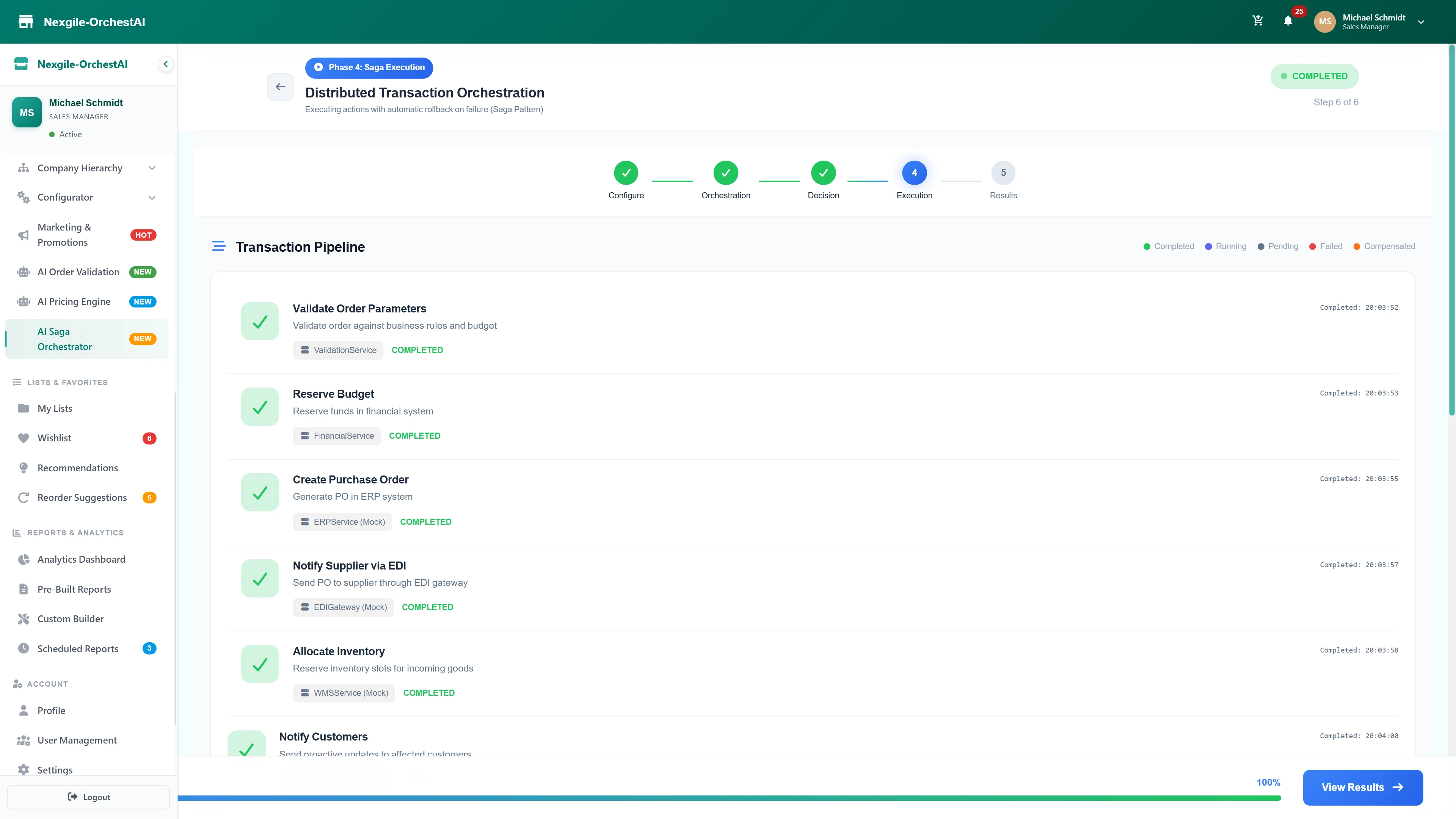 Illustrative preview (sample data, not verified outcomes): Distributed Transaction Orchestration - Saga pattern execution showing completed transaction pipeline from validation through supplier notification and inventory allocation