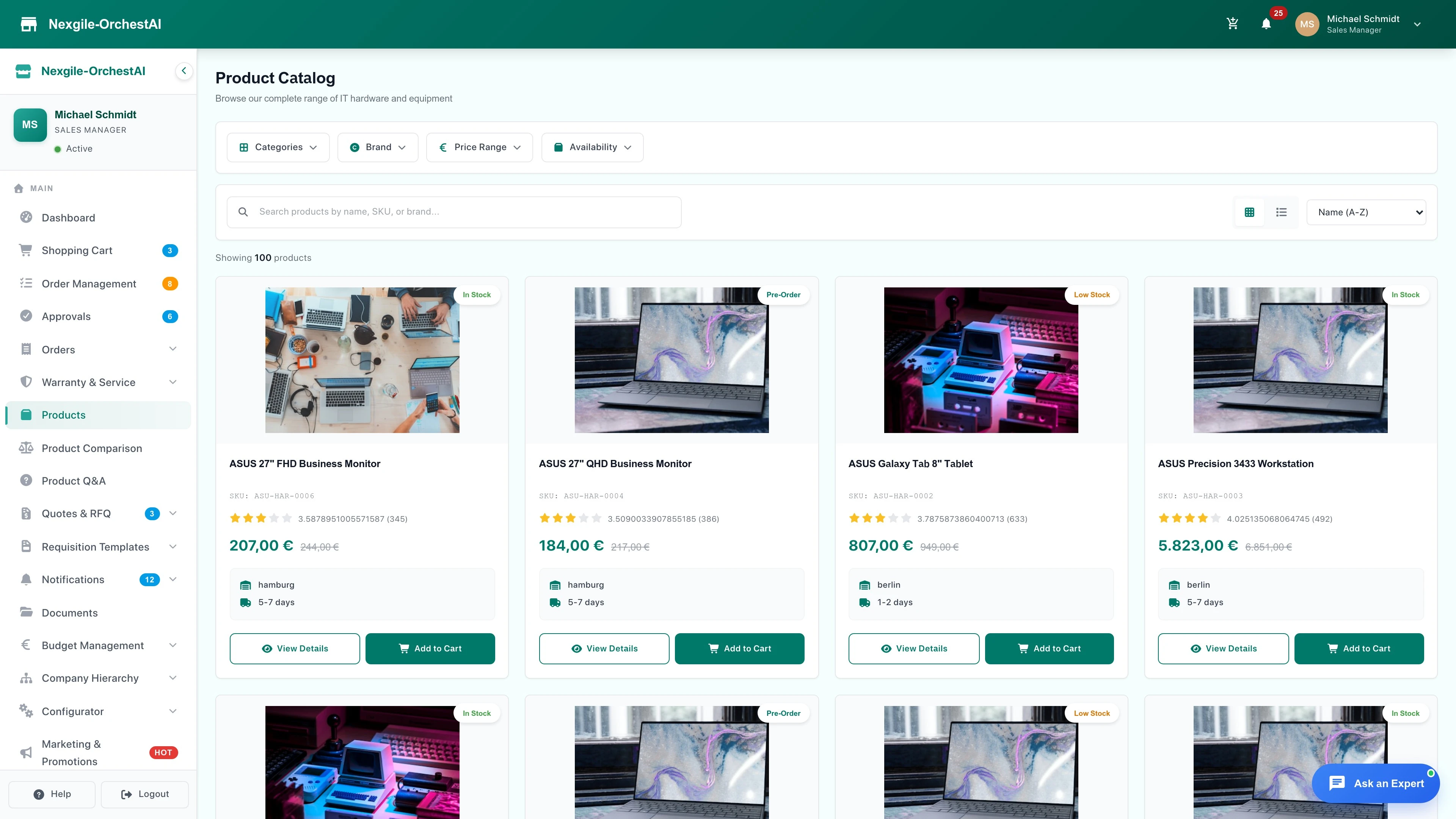 Illustrative preview (sample data, not verified outcomes): Product Catalog - Multi-dimensional navigation with faceted search and technical specification filtering