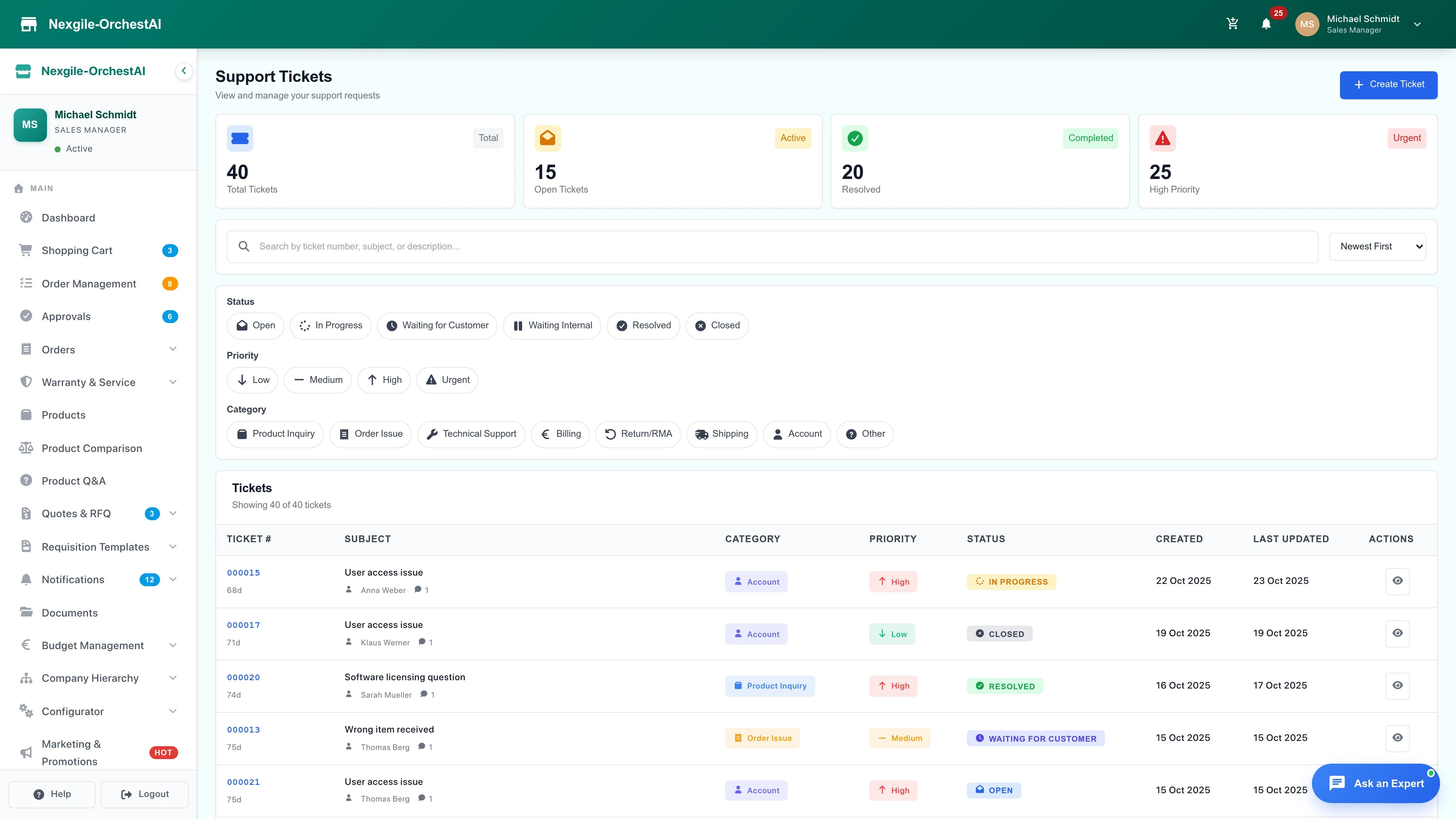 Illustrative preview (sample data, not verified outcomes): Support Tickets Management Interface