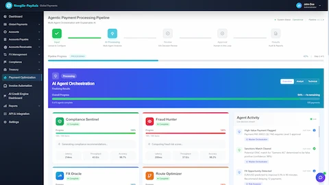 Illustrative preview (sample data, not verified outcomes): AI Agent Orchestration Processing - Multi-agent pipeline at 40% progress showing Compliance Sentinel and Fraud Hunter agents completing analysis with 98.7% and 98.2% accuracy, live decision stream displaying real-time payment flagging and FX optimization recommendations