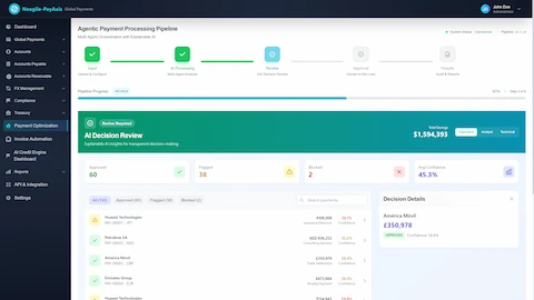 Illustrative preview (sample data, not verified outcomes): AI Decision Review with Explainable AI - XAI decision review interface displaying 60 approved, 38 flagged, and 2 blocked payments with $1,594,393 total savings, transparent confidence scoring and payment-level decision details for human oversight