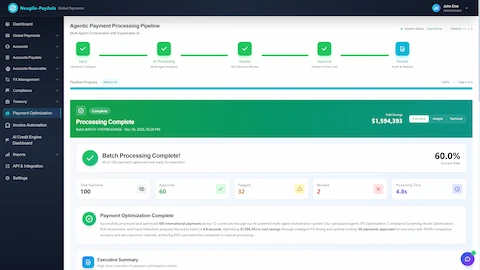Illustrative preview (sample data, not verified outcomes): Batch Processing Complete Results - Final pipeline results showing 60% success rate with 60 of 100 payments approved for execution, $1,594,393 cost savings achieved through intelligent FX timing and optimal routing in just 4.8 seconds processing time