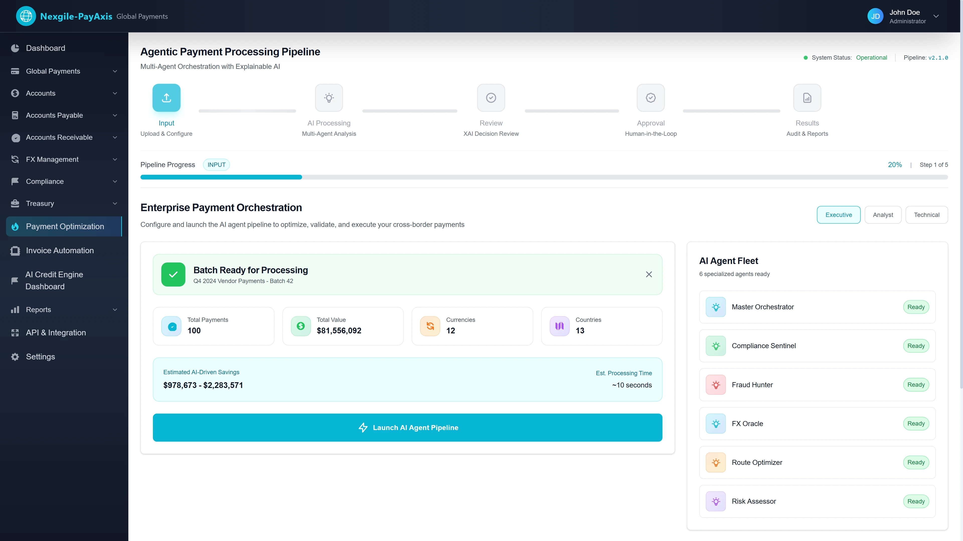 Illustrative preview (sample data, not verified outcomes): Enterprise Payment Orchestration Input - Batch configuration showing 100 payments totaling $81.5M across 12 currencies and 13 countries, 6 specialized AI agents ready for deployment with estimated savings of $978K-$2.28M