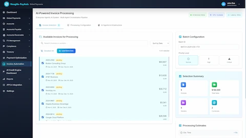 Illustrative preview (sample data, not verified outcomes): Invoice Selection Interface - Multi-vendor invoice batch selection showing 5 invoices worth $168,000 from vendors including Boston Consulting Group, AT&T Business, Workday Inc, with batch configuration, priority levels, and processing estimates