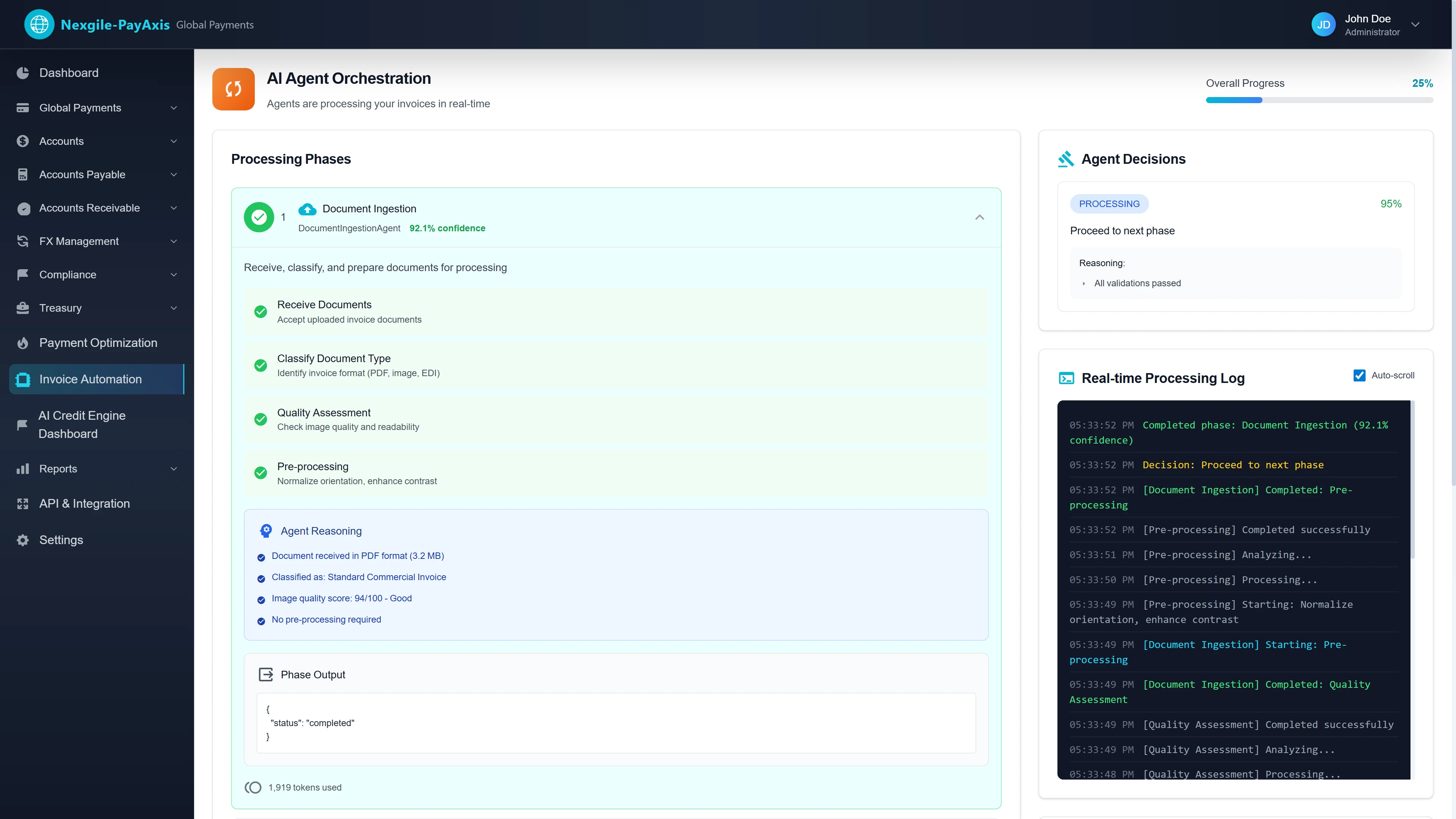 Illustrative preview (sample data, not verified outcomes): AI Agent Orchestration Document Ingestion - Real-time processing phases showing Document Ingestion at 92.1% confidence with receive, classify, quality assessment, and pre-processing steps completed, live agent reasoning and decision logs