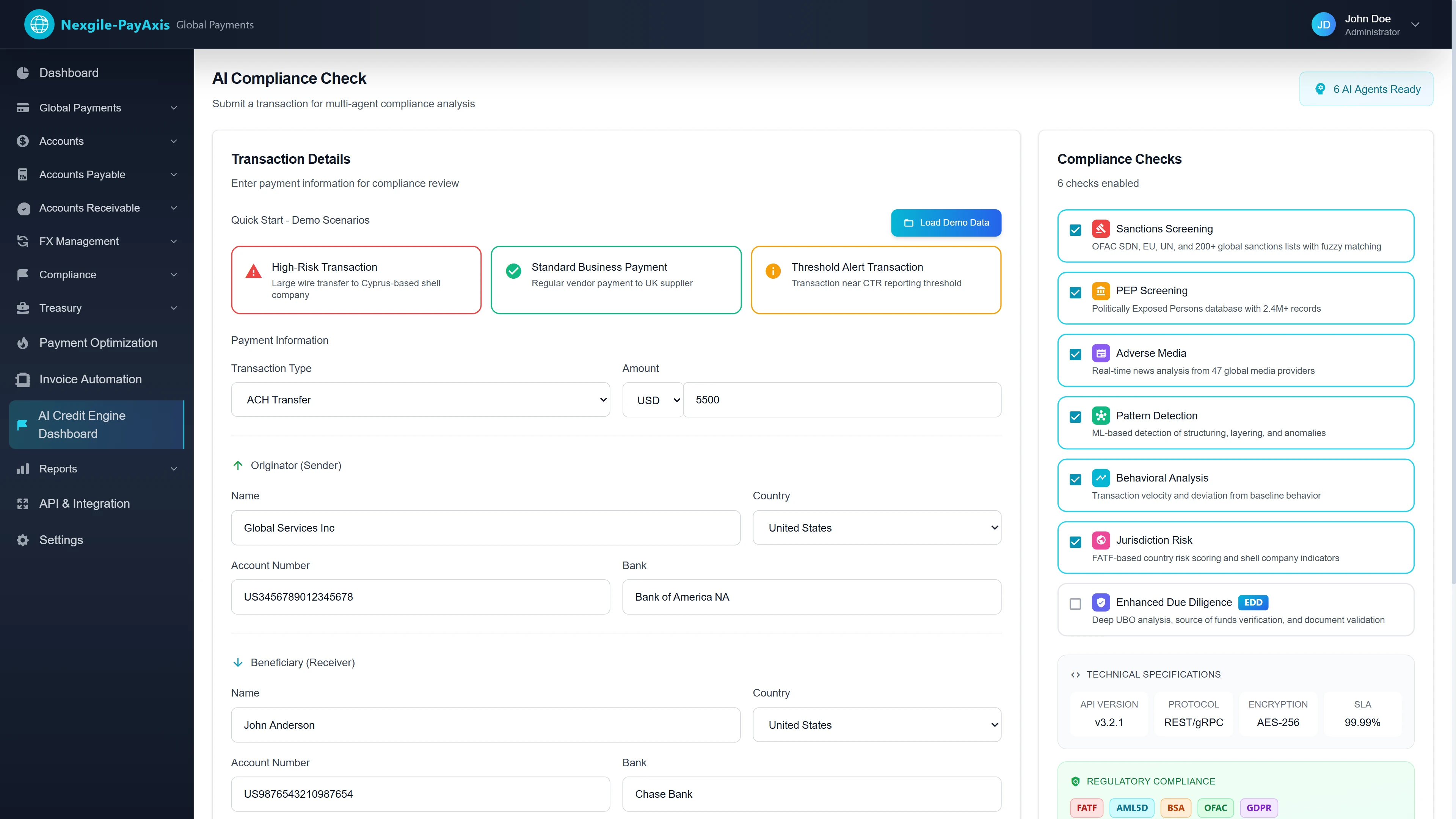 Illustrative preview (sample data, not verified outcomes): AI Compliance Check Transaction Submission - Multi-agent compliance analysis form with demo scenarios (High-Risk, Standard Business, Threshold Alert), 6 configurable compliance checks including sanctions screening, PEP screening, adverse media, pattern detection, behavioral analysis, and jurisdiction risk