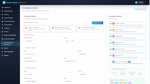 Illustrative preview (sample data, not verified outcomes): AI Compliance Check Transaction Submission - Multi-agent compliance analysis form with demo scenarios (High-Risk, Standard Business, Threshold Alert), 6 configurable compliance checks including sanctions screening, PEP screening, adverse media, pattern detection, behavioral analysis, and jurisdiction risk