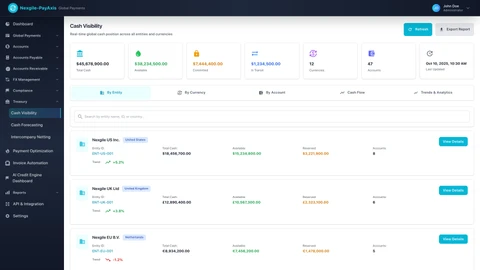 Illustrative preview (sample data, not verified outcomes): Treasury Cash Visibility Dashboard - Real-time cash position monitoring across all currencies and entities