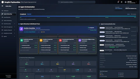 Illustrative preview (sample data, not verified outcomes): AI Agent Orchestration - Hierarchical multi-agent validation system with Decision Committee (Meta Tier) coordinating Credit Risk, Compliance, Fraud Detection, and Enhanced Due Diligence supervisor agents with real-time observability metrics and distributed trace visualization