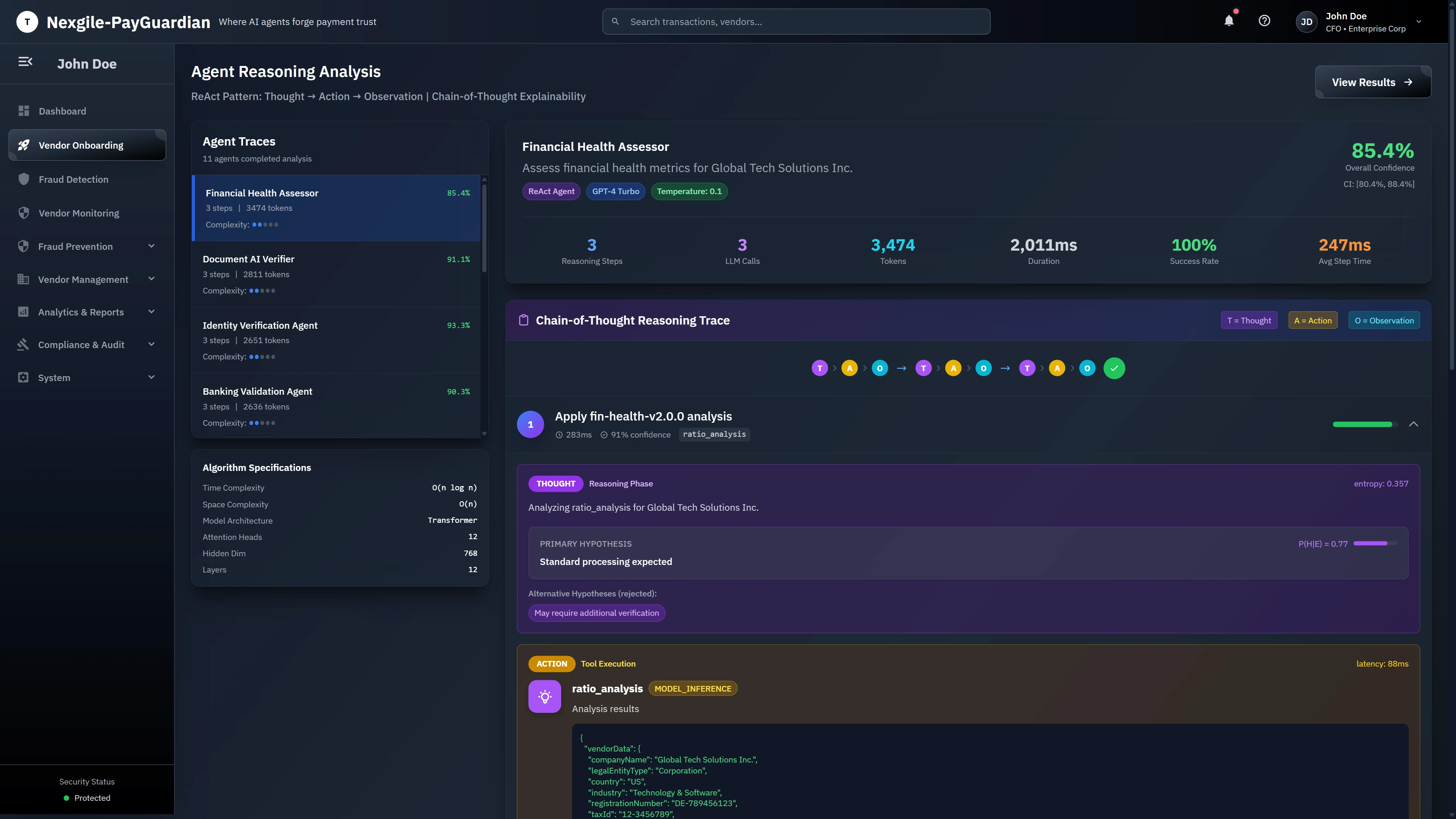 Illustrative preview (sample data, not verified outcomes): Agent Reasoning Analysis - Chain-of-Thought explainability using ReAct pattern (Thought → Action → Observation) showing Financial Health Assessor agent trace with algorithm specifications, confidence scoring, and detailed reasoning steps for vendor validation