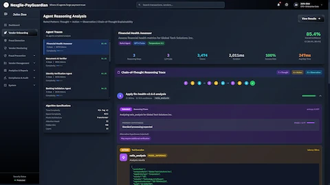 Illustrative preview (sample data, not verified outcomes): Agent Reasoning Analysis - Chain-of-Thought explainability using ReAct pattern (Thought → Action → Observation) showing Financial Health Assessor agent trace with algorithm specifications, confidence scoring, and detailed reasoning steps for vendor validation