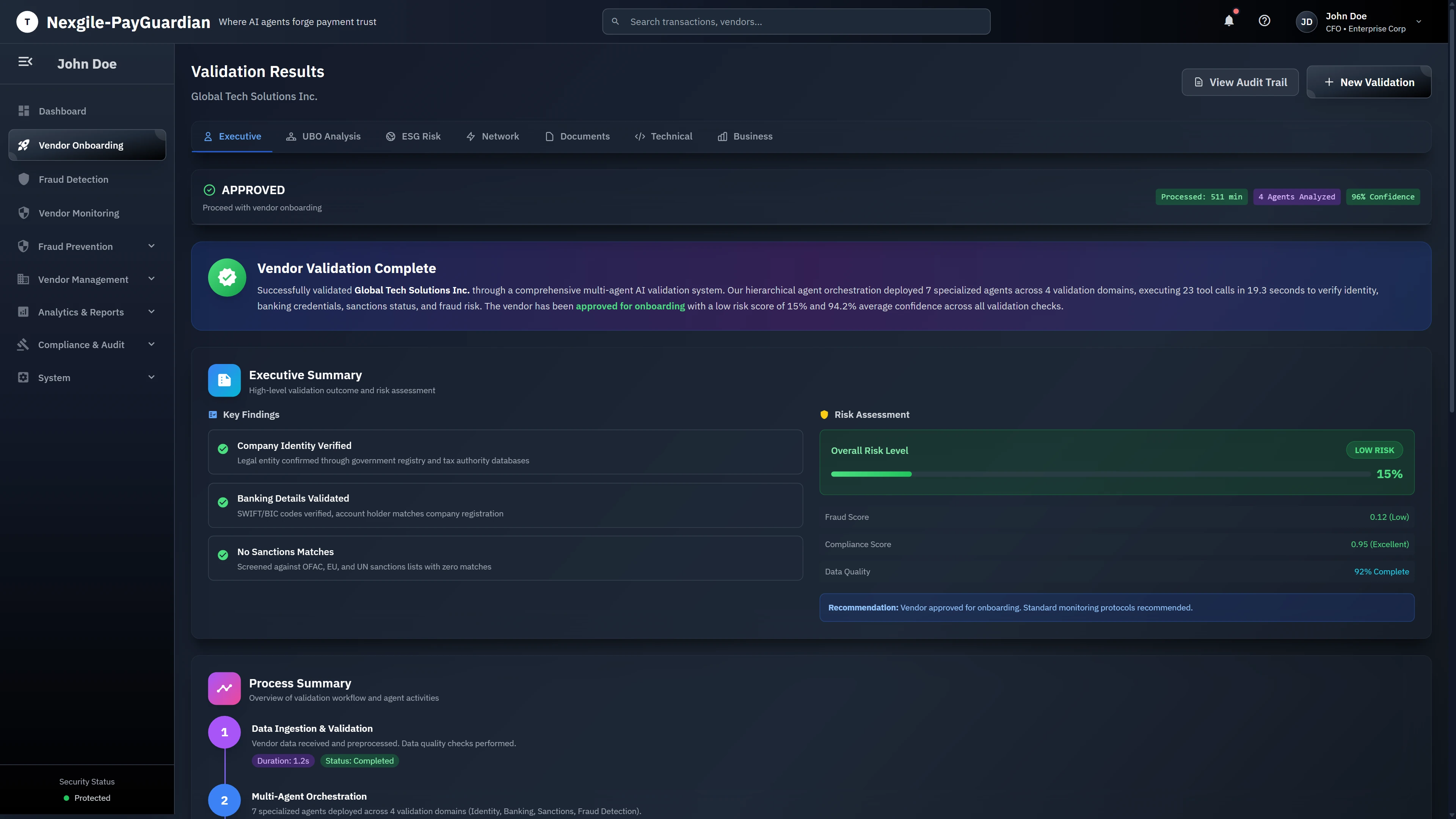 Illustrative preview (sample data, not verified outcomes): Validation Results - Executive summary dashboard displaying approved vendor status with key findings (Company Identity Verified, Banking Details Validated, No Sanctions Matches), risk assessment showing 15% low risk level, and process summary workflow