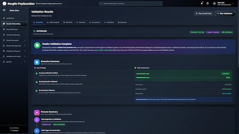 Illustrative preview (sample data, not verified outcomes): Validation Results - Executive summary dashboard displaying approved vendor status with key findings (Company Identity Verified, Banking Details Validated, No Sanctions Matches), risk assessment showing 15% low risk level, and process summary workflow