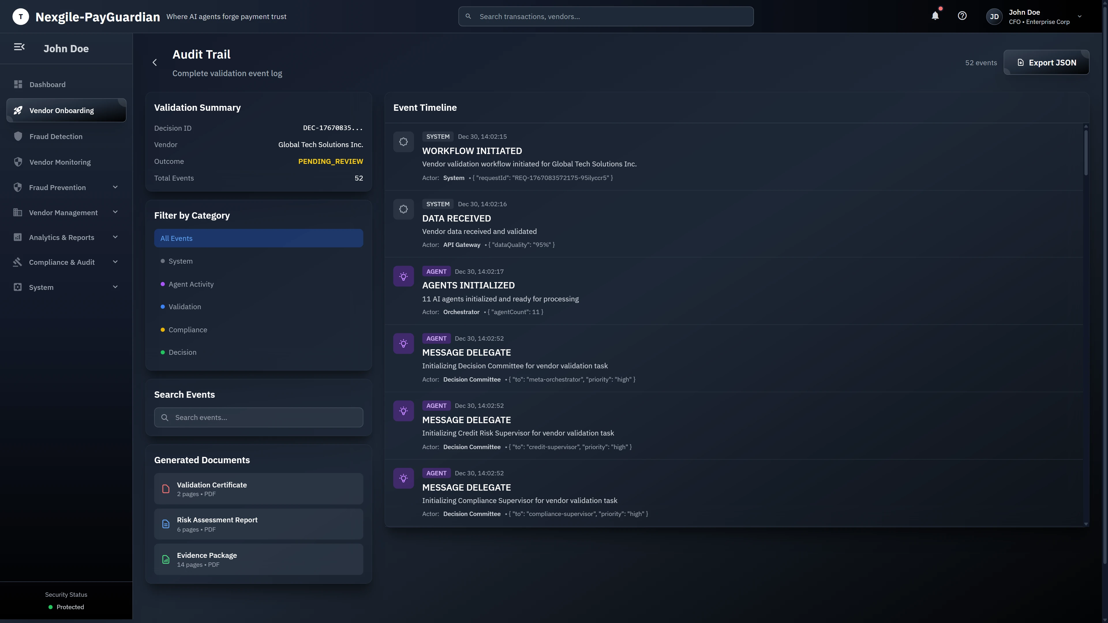 Illustrative preview (sample data, not verified outcomes): Audit Trail - Complete validation event log with 52 events showing workflow timeline, agent initialization, message delegation activities, filterable event categories, and generated compliance documents (Validation Certificate, Risk Assessment Report, Evidence Package)