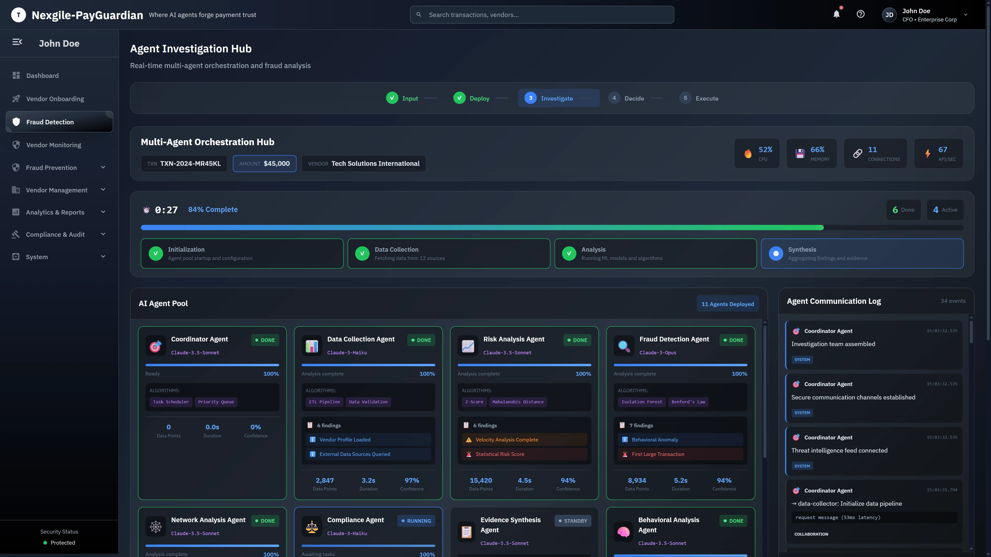 Illustrative preview (sample data, not verified outcomes): Agent Investigation Hub - Real-time multi-agent orchestration dashboard showing 11 deployed agents (Coordinator, Data Collection, Risk Analysis, Fraud Detection, Network Analysis, Compliance, Behavioral Analysis) with workflow phases, resource metrics, and live agent communication log