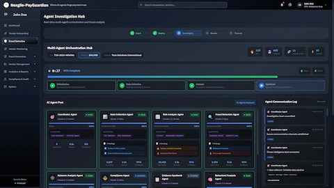 Illustrative preview (sample data, not verified outcomes): Agent Investigation Hub - Real-time multi-agent orchestration dashboard showing 11 deployed agents (Coordinator, Data Collection, Risk Analysis, Fraud Detection, Network Analysis, Compliance, Behavioral Analysis) with workflow phases, resource metrics, and live agent communication log